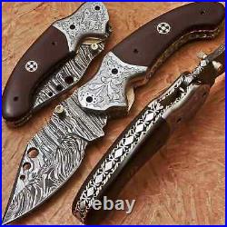 Damascus Folding Knife with sheath micarta handle and steel engraved bolsters