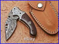 Damascus Folding Knife with sheath micarta handle and steel engraved bolsters