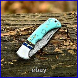 Damascus Folding Lockback Pocket Knife with Leather Sheath