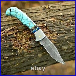 Damascus Folding Lockback Pocket Knife with Leather Sheath