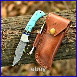 Damascus Folding Lockback Pocket Knife with Leather Sheath