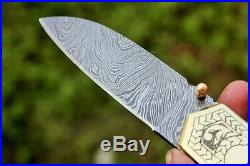 Damascus Folding Pocket Knife Polished Brass 5 Folded, 8.5 Open 13 Oz very soli