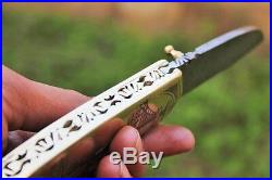 Damascus Folding Pocket Knife Polished Brass 5 Folded, 8.5 Open 13 Oz very soli