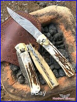 Damascus Handmade 9 Folding Pocket knife (Lot Of 3) Special Knife Stag Handle