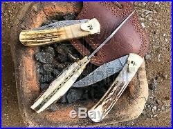 Damascus Handmade 9 Folding Pocket knife (Lot Of 3) Special Knife Stag Handle