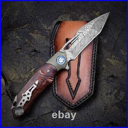 Damascus Handmade Skull Theme Pocket Knife Wood Handle Folding Tactical Knives
