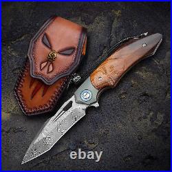 Damascus Handmade Skull Theme Pocket Knife Wood Handle Folding Tactical Knives