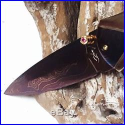 Damascus Knife Folding Pocket Steel Handmade Pear Shell Baked Leaves Abalone