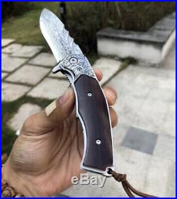 Damascus Outdoor Hunting Knife Camping Army Rescue Folding Pocket Knife Padauk