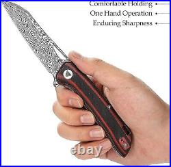 Damascus Pocket Knife Black Red Micarta Folding Gift Outdoors Belt Clip NR24
