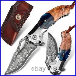 Damascus Pocket Knife Folding knife, Handmade Forged VG10 Damascus Steel Blad