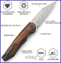 Damascus Pocket Knife Ironwood Handle Folding Gift Outdoors Belt Clip NR25