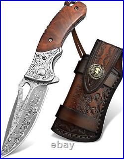 Damascus Pocket Knife for Men, Handmade Forged VG10 Damascus Steel Blade Folding