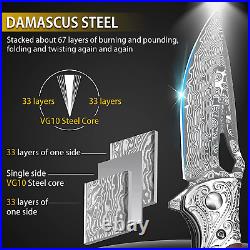 Damascus Pocket Knife for Men, Handmade Forged VG10 Damascus Steel Blade Folding