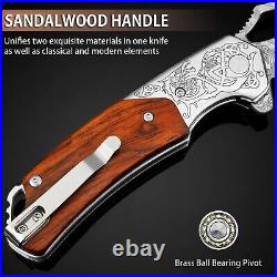 Damascus Sandalwood Pocket Knife Folding Gift Outdoors Belt Clip NR31