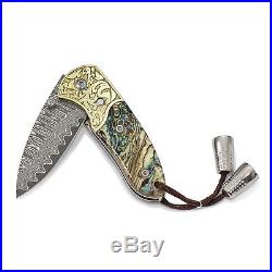 Damascus Steel 256 Layer Folding Blade Genuine Abalone Shell Hand Knife