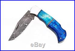 Damascus Steel Blade, Pocket Knife, Folding Knife, Camel Bone Handle Art (256)