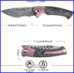 Damascus Steel EDC Folding Knife, Rose Print Blade, Titanium Carbon Fiber Handle