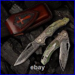 Damascus Steel EDC Folding Knife Stable Wood Handle, Survival & Camping Tool