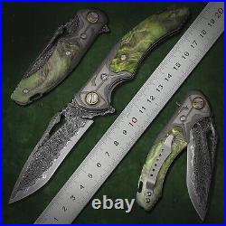 Damascus Steel EDC Folding Knife Stable Wood Handle, Survival & Camping Tool