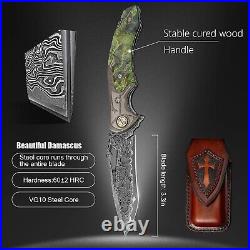 Damascus Steel EDC Folding Knife Stable Wood Handle, Survival & Camping Tool