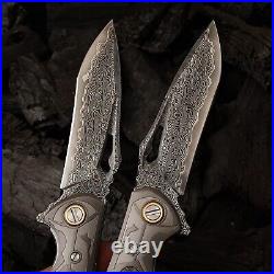 Damascus Steel EDC Folding Knife Stable Wood Handle, Survival & Camping Tool