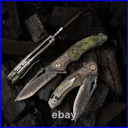 Damascus Steel EDC Folding Knife Stable Wood Handle, Survival & Camping Tool