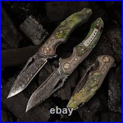 Damascus Steel EDC Folding Knife Stable Wood Handle, Survival & Camping Tool