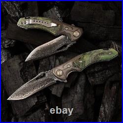 Damascus Steel EDC Folding Knife Stable Wood Handle, Survival & Camping Tool