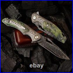 Damascus Steel EDC Folding Knife Stable Wood Handle, Survival & Camping Tool