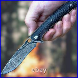 Damascus Steel EDC Pocket Knife! Ebony Handle! Ball Bearing Pivot System! Sheath