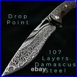 Damascus Steel EDC Pocket Knife! Ebony Handle! Ball Bearing Pivot System! Sheath