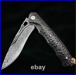 Damascus Steel EDC Pocket Knife! Ebony Handle! Ball Bearing Pivot System! Sheath