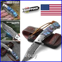 Damascus Steel Folding Knife 3.23 Inch Blade Abalone Handle with Leather Sheath