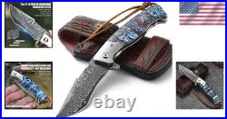 Damascus Steel Folding Knife 3.23 Inch Blade Abalone Handle with Leather Sheath