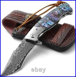 Damascus Steel Folding Knife 3.23 Inch Blade Abalone Handle with Leather Sheath