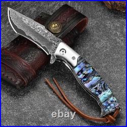 Damascus Steel Folding Knife 3.23 Inch Blade Abalone Handle with Leather Sheath