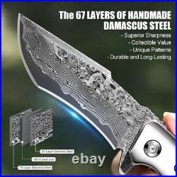 Damascus Steel Folding Knife 3.23 Inch Blade Abalone Handle with Leather Sheath