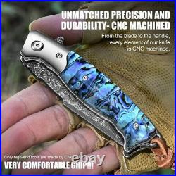 Damascus Steel Folding Knife 3.23 Inch Blade Abalone Handle with Leather Sheath
