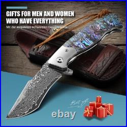 Damascus Steel Folding Knife 3.23 Inch Blade Abalone Handle with Leather Sheath