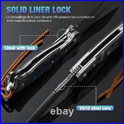 Damascus Steel Folding Knife 3.23 Inch Blade Abalone Handle with Leather Sheath