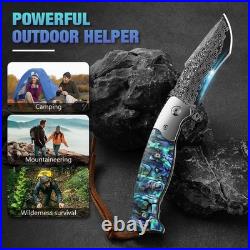Damascus Steel Folding Knife 3.23 Inch Blade Abalone Handle with Leather Sheath