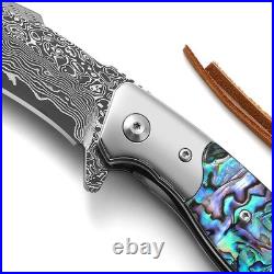 Damascus Steel Folding Knife 3.23 Inch Blade Abalone Handle with Leather Sheath