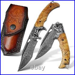 Damascus Steel Folding Knife, 3.6 Stable Wood Handle, Camping Tactical Outdo