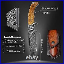 Damascus Steel Folding Knife, 3.6 Stable Wood Handle, Camping Tactical Outdo