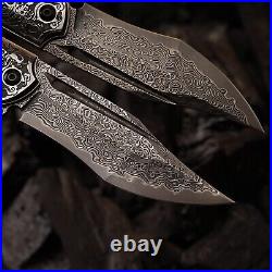 Damascus Steel Folding Knife, 3.6 Stable Wood Handle, Camping Tactical Outdo