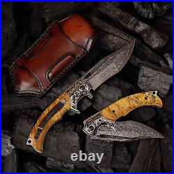 Damascus Steel Folding Knife, 3.6 Stable Wood Handle, Camping Tactical Outdo