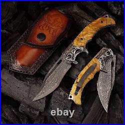 Damascus Steel Folding Knife, 3.6 Stable Wood Handle, Camping Tactical Outdo