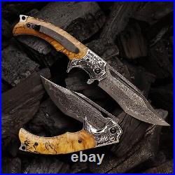 Damascus Steel Folding Knife, 3.6 Stable Wood Handle, Camping Tactical Outdo