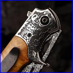 Damascus Steel Folding Knife, 3.6 Stable Wood Handle, Camping Tactical Outdo